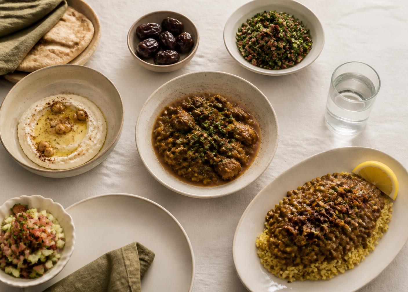 طاولة ضيافة بسيطة تضم أطباقًا منزلية وتمرًا وماء